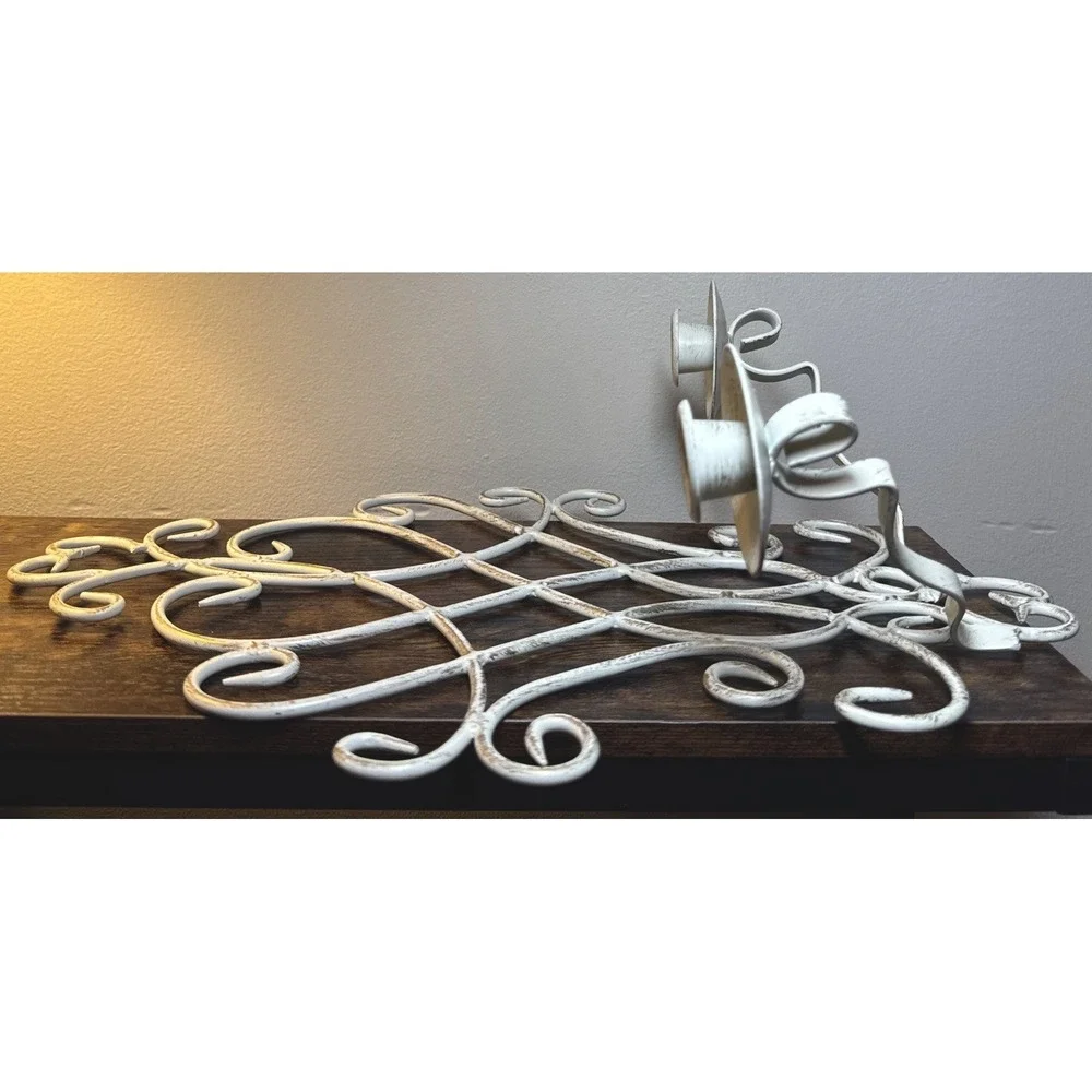 Vintage French Country Distressed Metal Wall Sconce Candle Holder Pair Cream 16